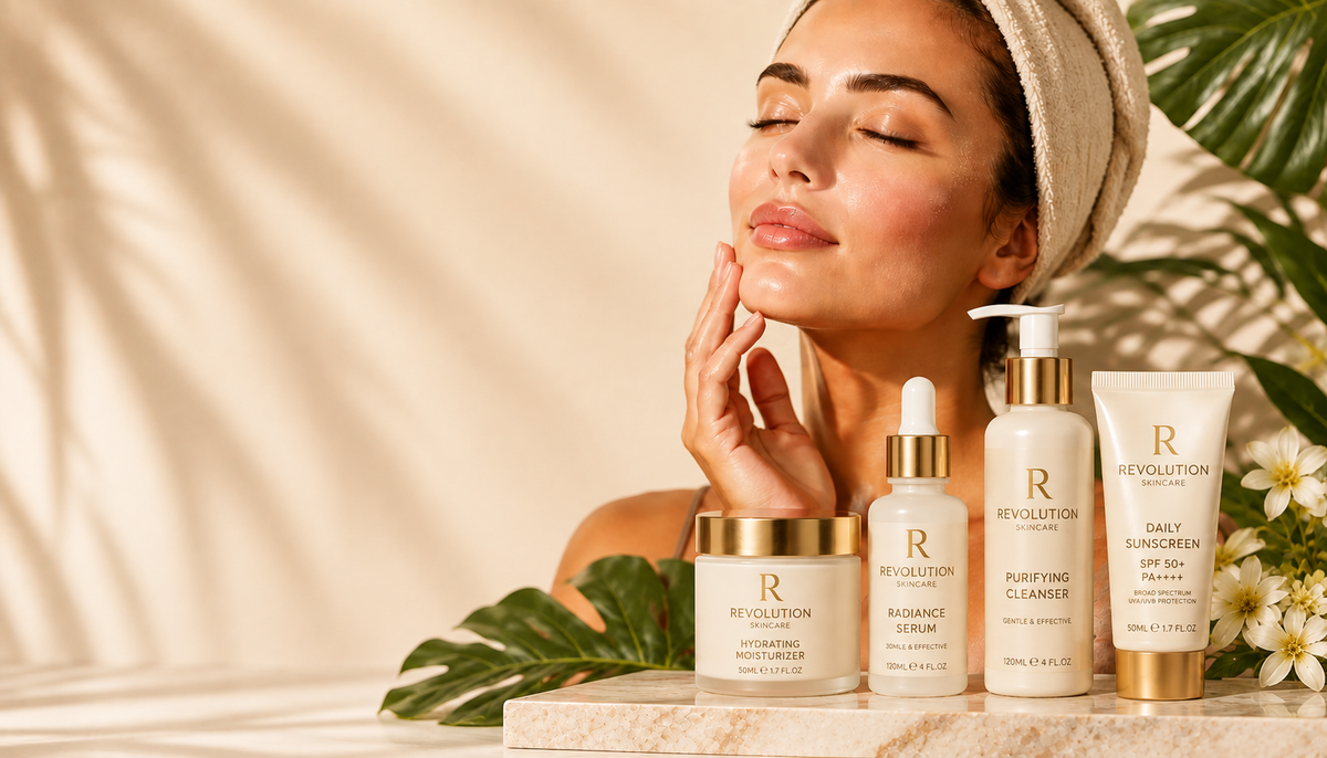 A woman with a beige towel turban on her head rests against a warm beige backdrop, touching her face. In front of her are four Revolution skincare products: a serum jar, a radiance cleanser bottle, a purifying cleanser pump bottle, and a daily sunscreen tube, all in white with gold accents and gold lettering.