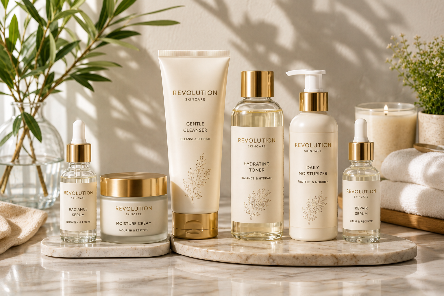 A set of Revolution Skincare products arranged on a marble tray in a bright, sunlit bathroom setting with plants, towels, and a candle. The products include a Gentle Cleanser tube, Hydrating Toner bottle, Daily Moisturizer pump bottle, Exfoliating Serum dropper bottle, Moisture Cream jar, and Serum dropper bottle.